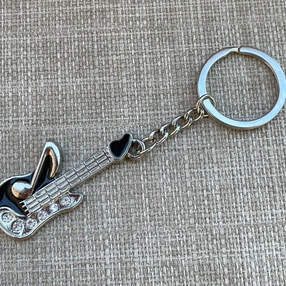 Guitar Key chain Silver/Black Tone Fashion Jewelry Keys Holder Crystals accent